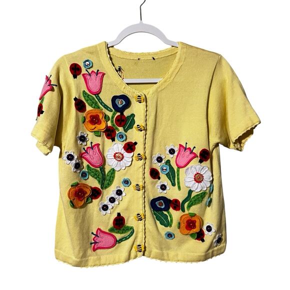 Vintage Yellow Short Sleeve Cardigan Floral Appliqués Ladybugs Bee Buttons MED - Picture 1 of 7
